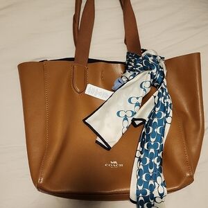 Coach Tan Leather Tote with Patterned Blue Scarf